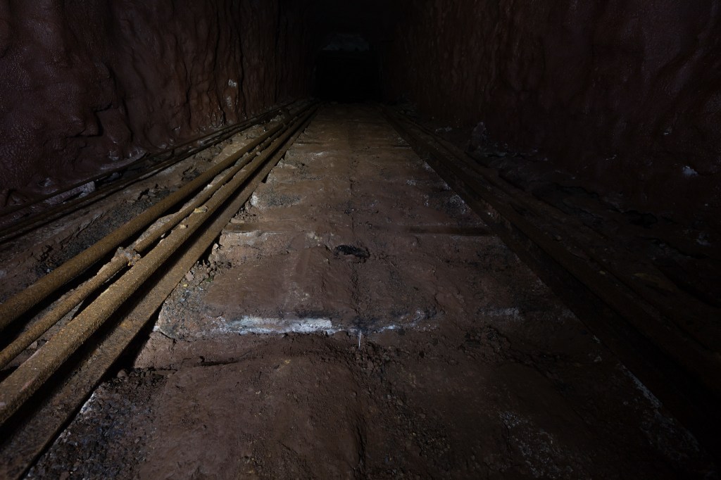 A dimly lit underground tunnel with rusty tracks running along a rocky, uneven floor.