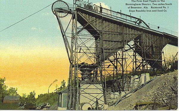 Historic image of the first steel tipple in the Birmingham District, located two miles south of Bessemer, Alabama, featuring industrial structures and equipment.